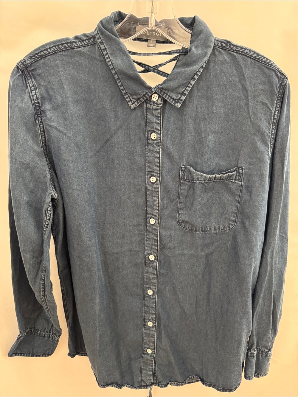 DL1961 Women’s Back Tie Chambray Button-Down Shirt in Faded Blue Size S